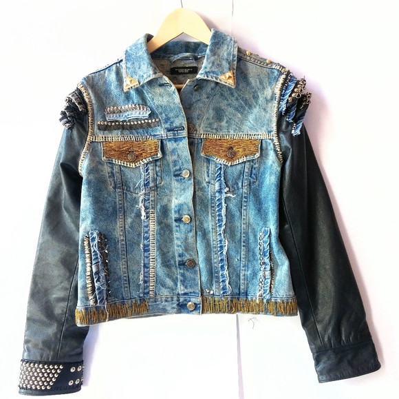 Customized Studded Denim and Leather Jacket - Picture 4 of 10